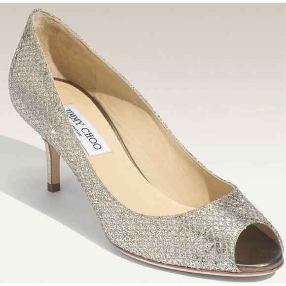 EUC Jimmy Choo Isabel Champagne Glitter Peep-Toe Pumps, Sz 39, $795 - Picture 1 of 11